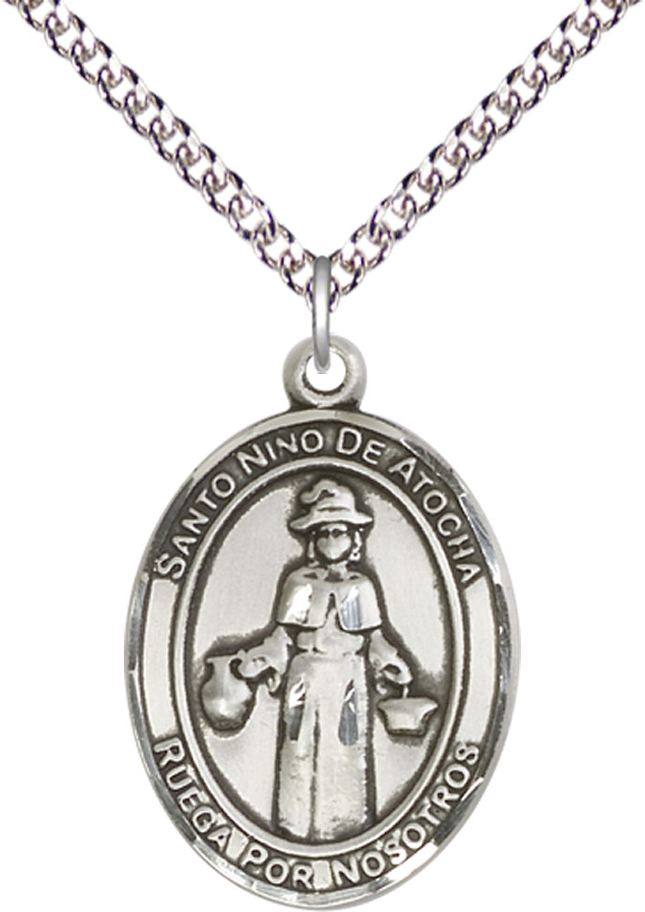 Sterling Silver Nino de Atocha Pendant on a 24 inch Sterling Silver Heavy Curb chain