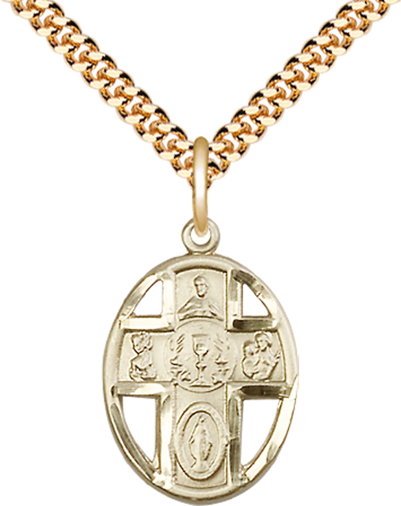 14kt Gold Filled 5-Way / Chalice Pendant on a 24 inch Gold Plate Heavy Curb chain