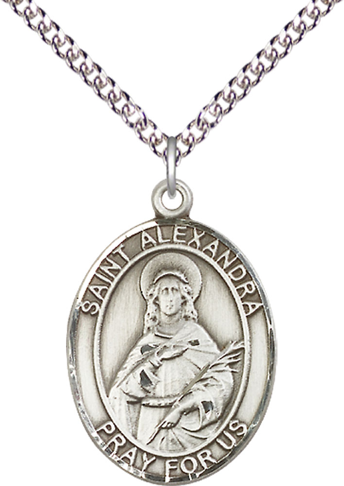 Sterling Silver Saint Alexandra Pendant on a 24 inch Sterling Silver Heavy Curb chain