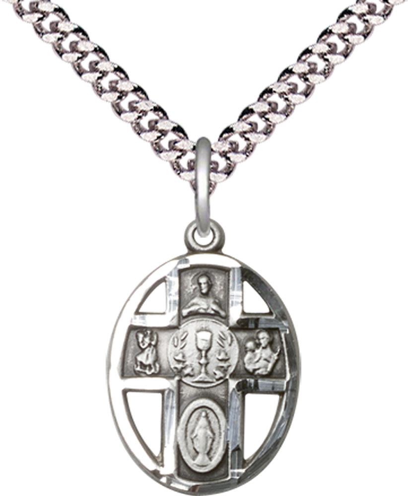 Sterling Silver 5-Way / Chalice Pendant on a 24 inch Light Rhodium Heavy Curb chain