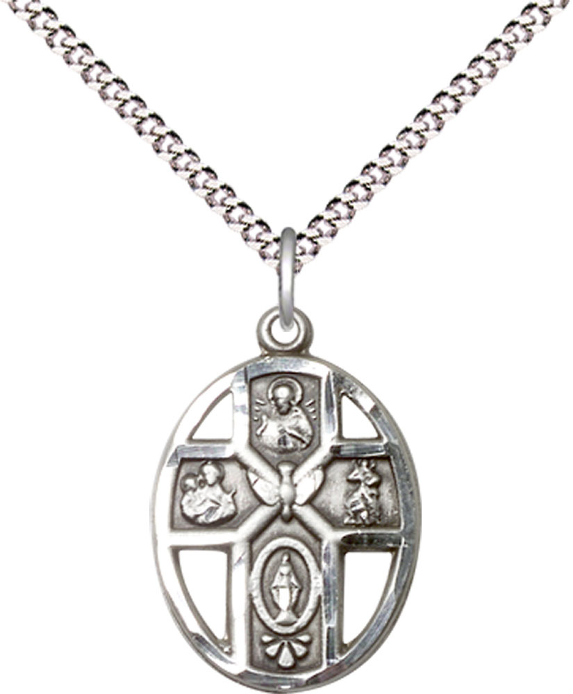 Sterling Silver 5-Way / Holy Spirit Pendant on a 18 inch Light Rhodium Light Curb chain