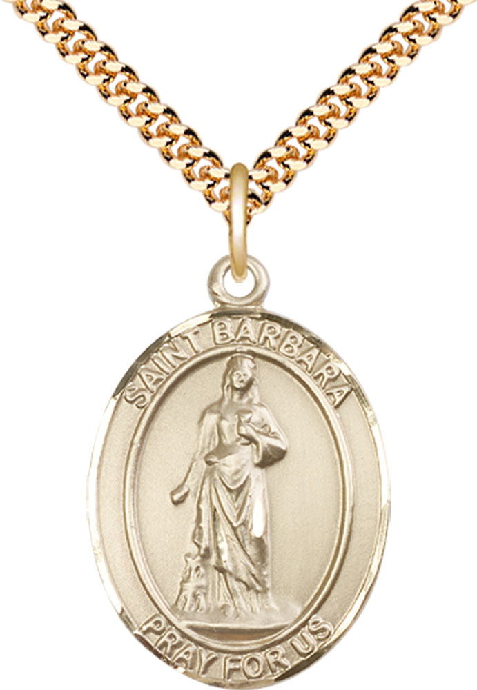 14kt Gold Filled Saint Barbara Pendant on a 24 inch Gold Plate Heavy Curb chain