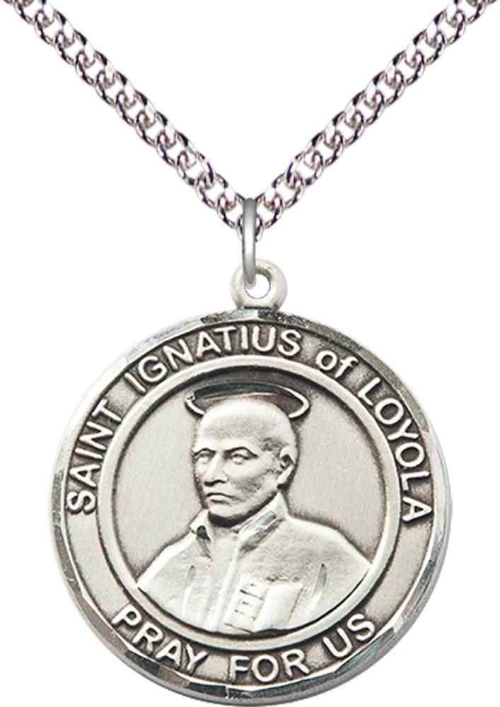 Sterling Silver Saint Ignatius of Loyola Pendant on a 24 inch Sterling Silver Heavy Curb chain