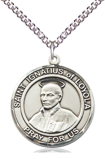 Sterling Silver Saint Ignatius of Loyola Pendant on a 24 inch Sterling Silver Heavy Curb chain