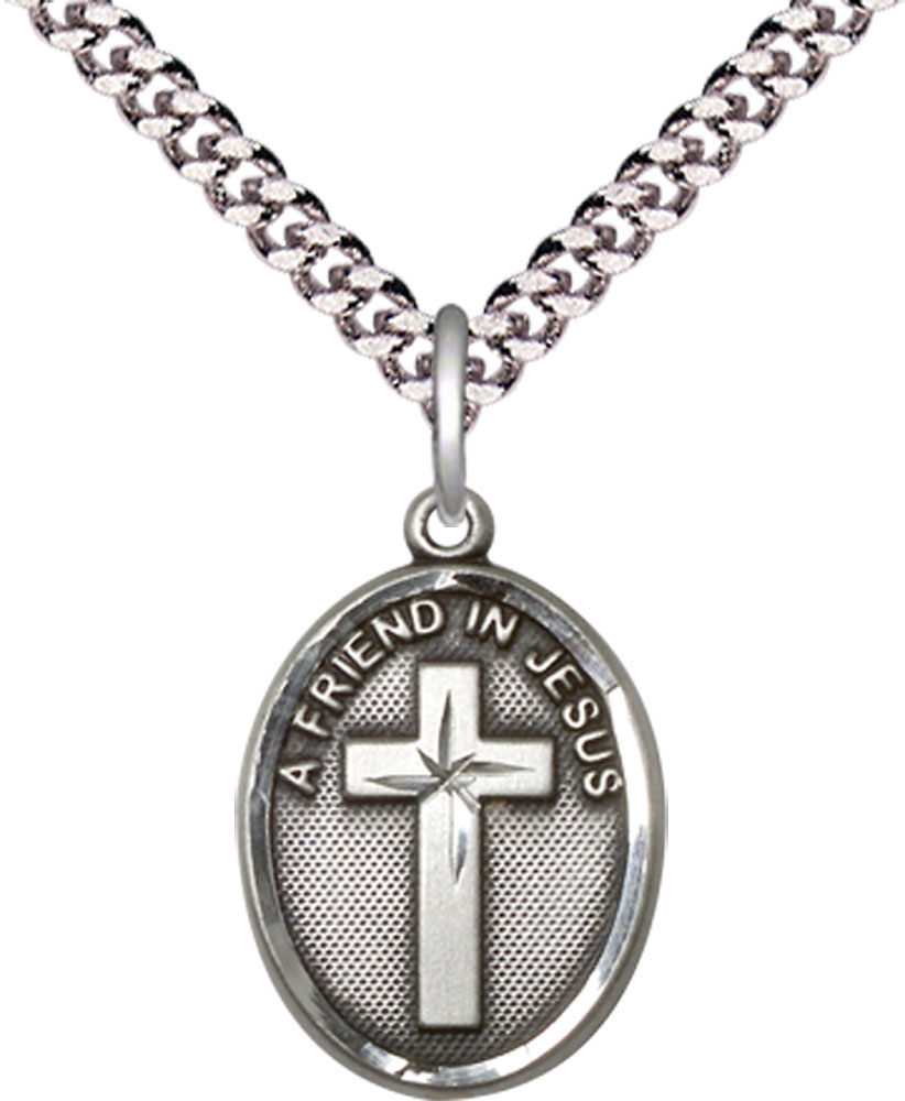 Sterling Silver A Friend In Jesus Pendant on a 24 inch Light Rhodium Heavy Curb chain