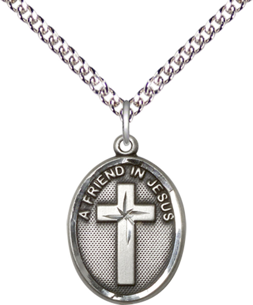 Sterling Silver A Friend In Jesus Pendant on a 24 inch Sterling Silver Heavy Curb chain