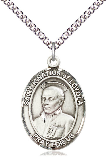 Sterling Silver Saint Ignatius of Loyola Pendant on a 24 inch Sterling Silver Heavy Curb chain