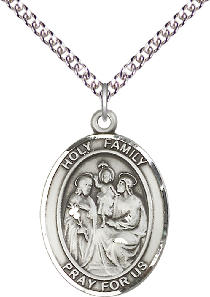Sterling Silver Holy Family Pendant on a 24 inch Sterling Silver Heavy Curb chain