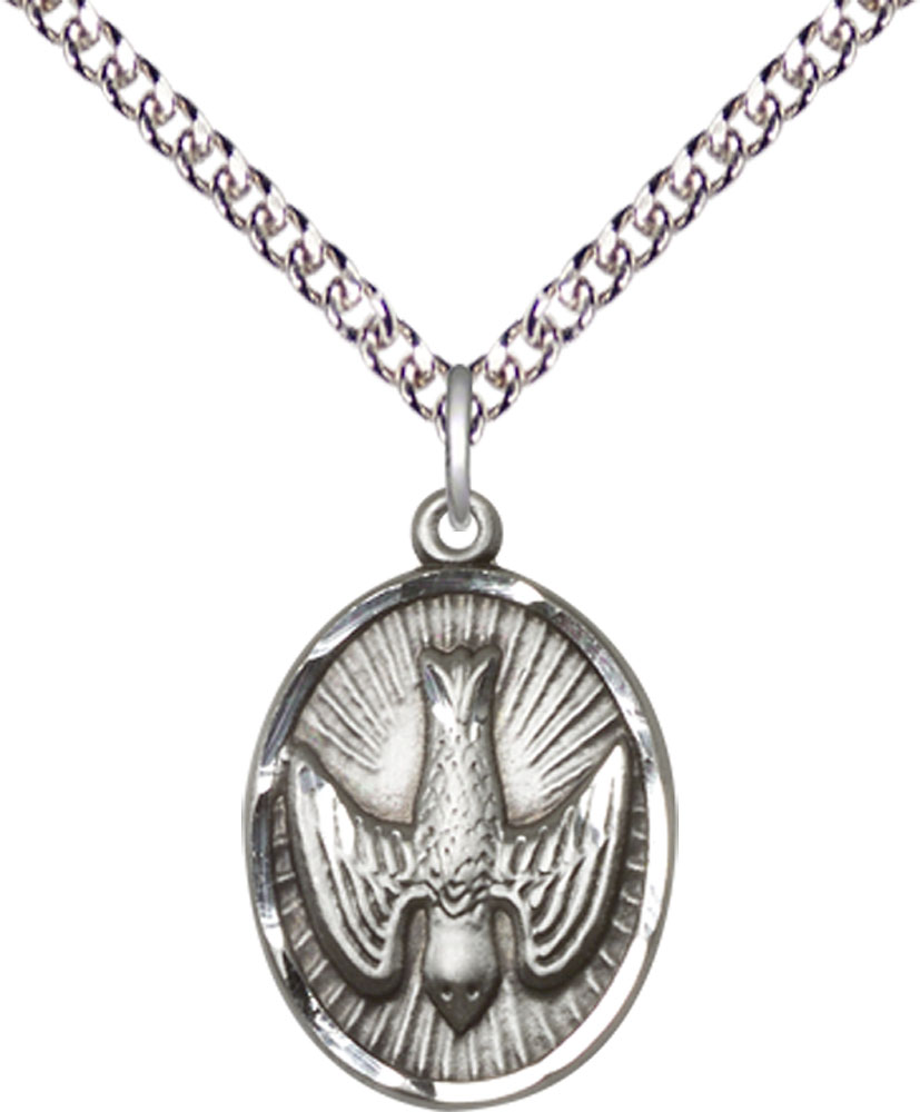 Sterling Silver Holy Spirit Pendant on a 24 inch Sterling Silver Heavy Curb chain