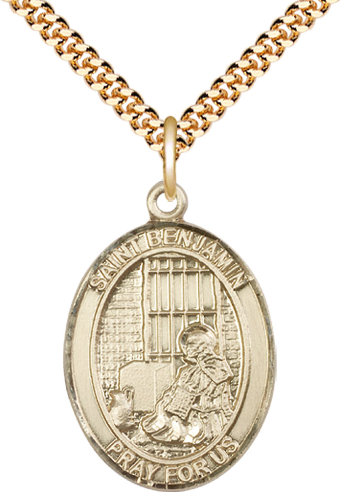 14kt Gold Filled Saint Benjamin Pendant on a 24 inch Gold Plate Heavy Curb chain