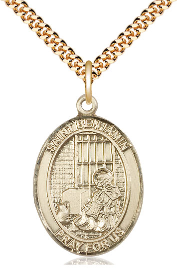 14kt Gold Filled Saint Benjamin Pendant on a 24 inch Gold Plate Heavy Curb chain
