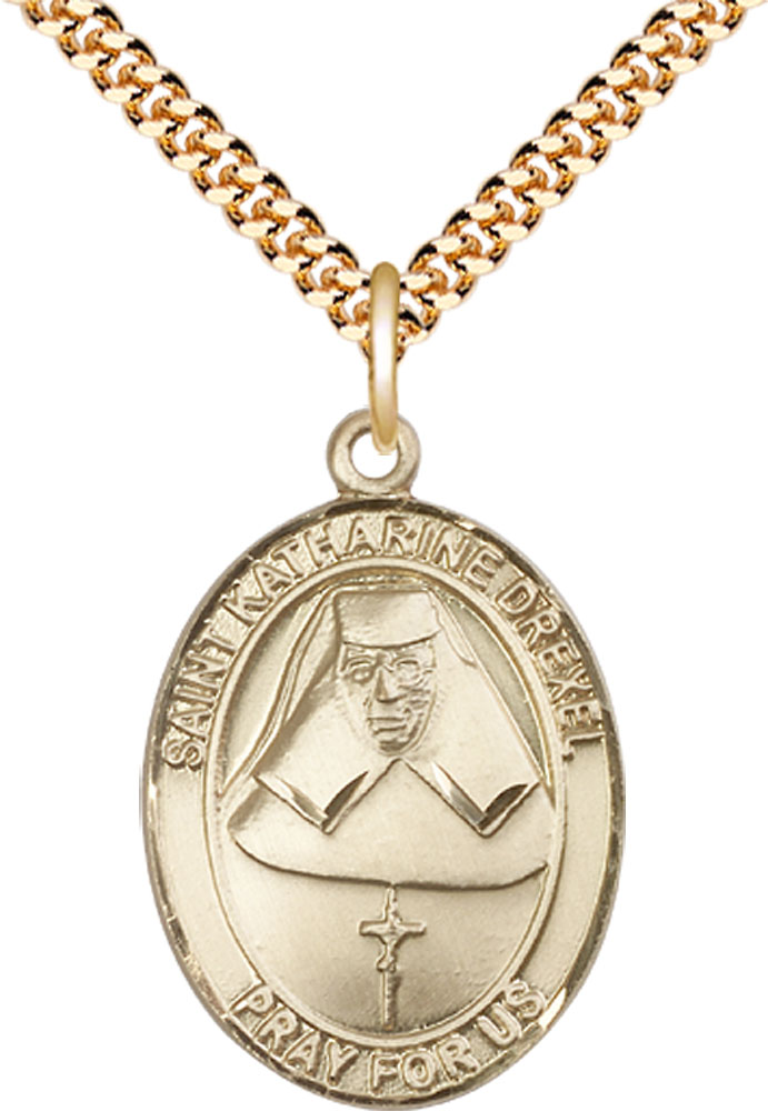 14kt Gold Filled Saint Katharine Drexel Pendant on a 24 inch Gold Plate Heavy Curb chain