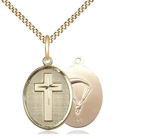 14kt Gold Filled Cross Paratroopers Pendant on a 18 inch Gold Plate Light Curb chain
