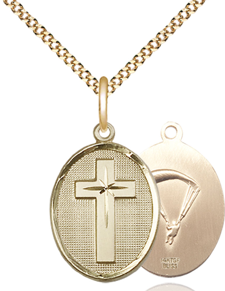 14kt Gold Filled Cross Paratroopers Pendant on a 18 inch Gold Plate Light Curb chain