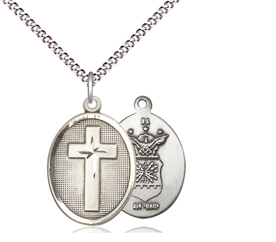 Sterling Silver Cross Air Force Pendant on a 18 inch Light Rhodium Light Curb chain