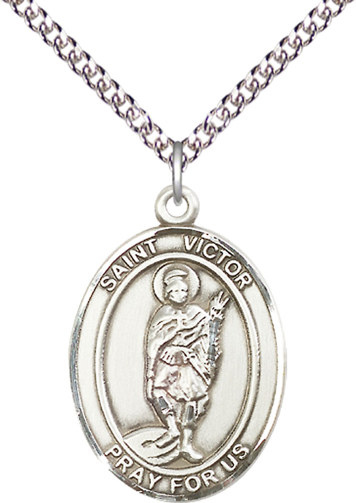 Sterling Silver Saint Victor of Marseilles Pendant on a 24 inch Sterling Silver Heavy Curb chain