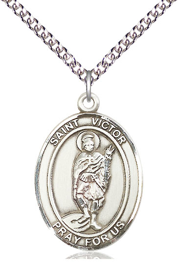 Sterling Silver Saint Victor of Marseilles Pendant on a 24 inch Sterling Silver Heavy Curb chain