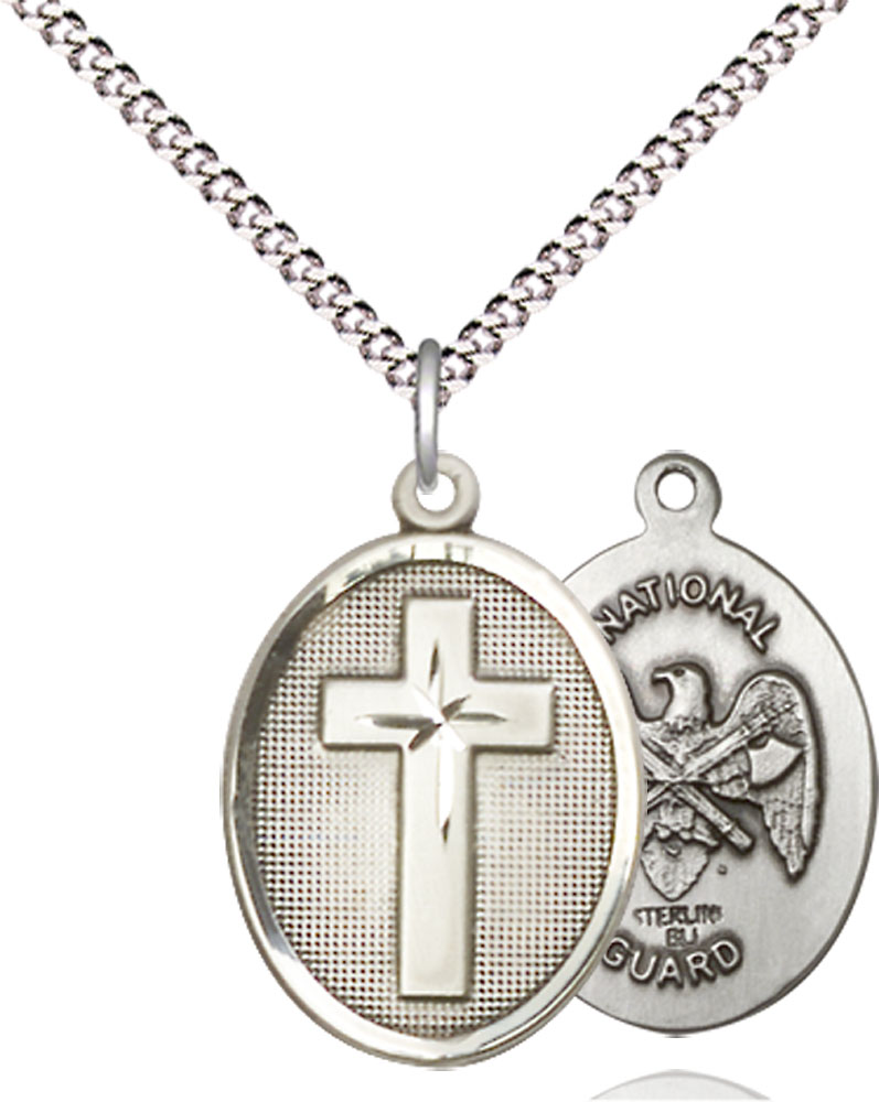 Sterling Silver Cross National Guard Pendant on a 18 inch Light Rhodium Light Curb chain