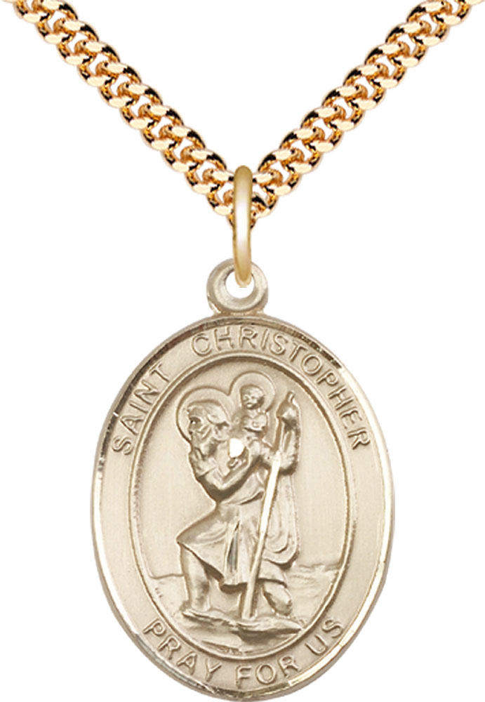 14kt Gold Filled Saint Christopher Pendant on a 24 inch Gold Plate Heavy Curb chain