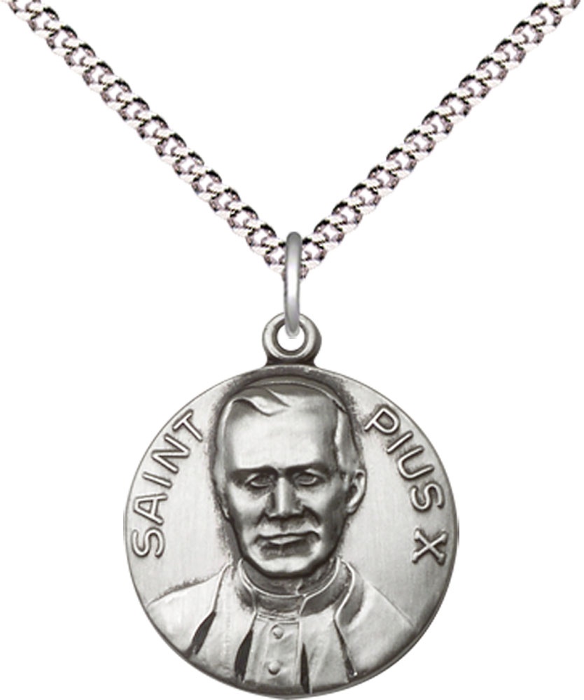 Sterling Silver Pope Pius X Pendant on a 18 inch Light Rhodium Light Curb chain