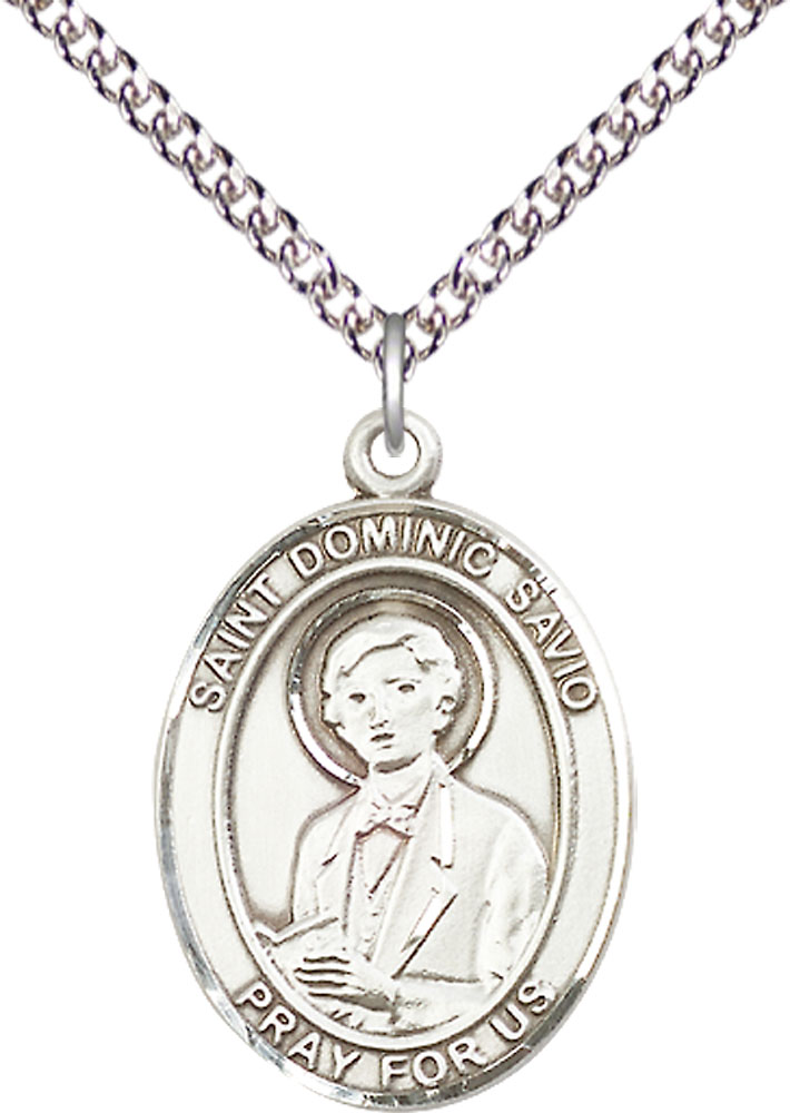 Sterling Silver Saint Dominic Savio Pendant on a 24 inch Sterling Silver Heavy Curb chain