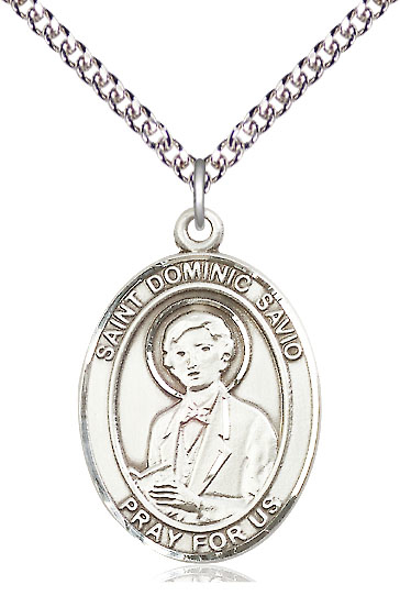 Sterling Silver Saint Dominic Savio Pendant on a 24 inch Sterling Silver Heavy Curb chain
