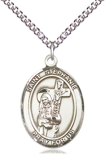 Sterling Silver Saint Stephanie Pendant on a 24 inch Sterling Silver Heavy Curb chain