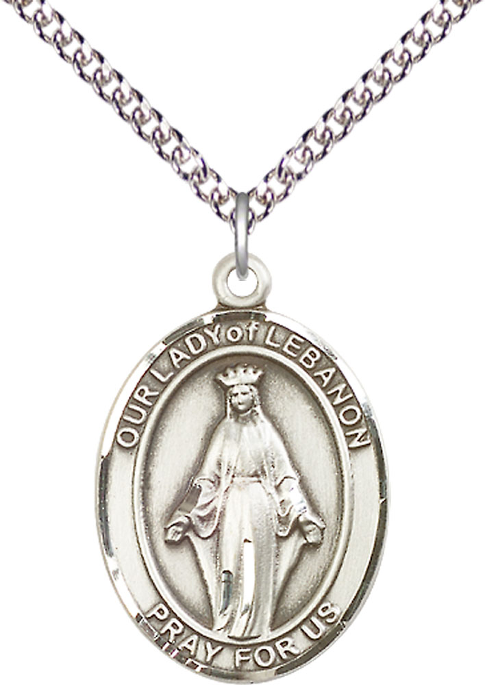 Sterling Silver Our Lady of Lebanon Pendant on a 24 inch Sterling Silver Heavy Curb chain