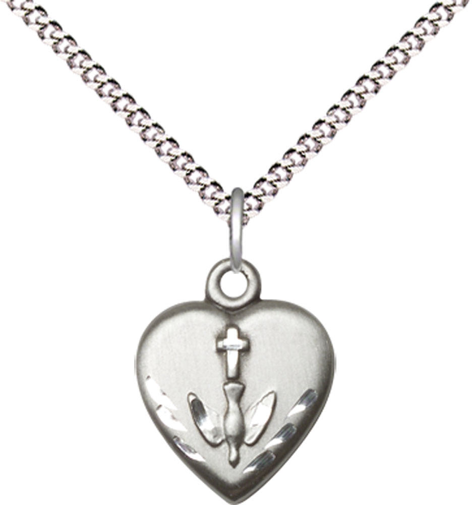 Sterling Silver Heart / Confirmation Pendant on a 18 inch Light Rhodium Light Curb chain