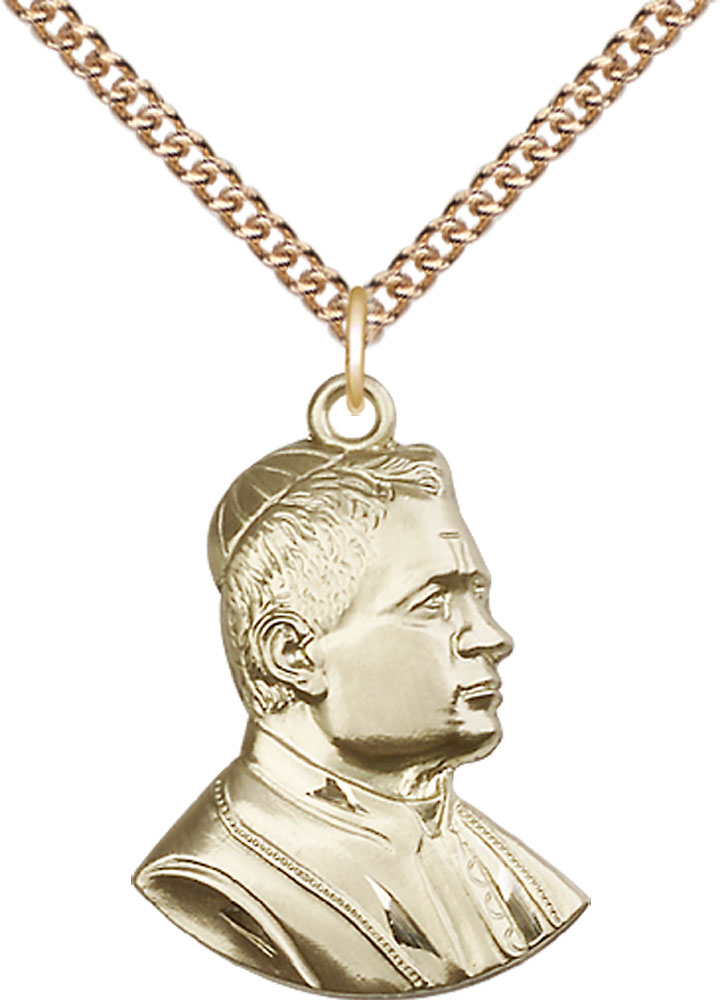 14kt Gold Filled Saint Pius X Pendant on a 24 inch Gold Filled Heavy Curb chain