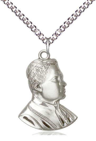 Sterling Silver Saint Pius X Pendant on a 24 inch Sterling Silver Heavy Curb chain