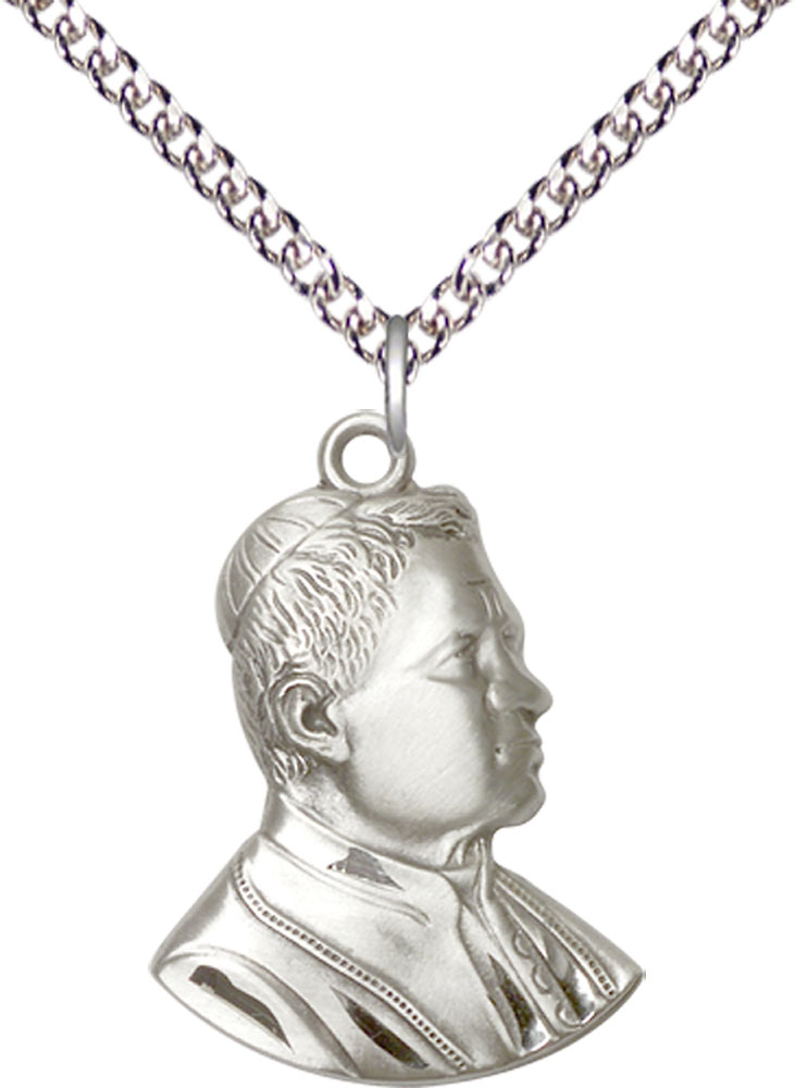 Sterling Silver Saint Pius X Pendant on a 24 inch Sterling Silver Heavy Curb chain