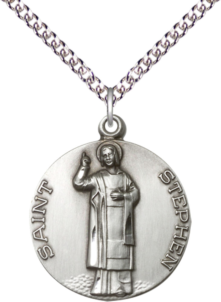 Sterling Silver Saint Stephen Pendant on a 24 inch Sterling Silver Heavy Curb chain
