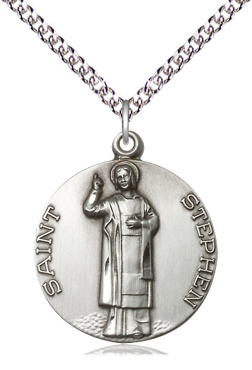 Sterling Silver Saint Stephen Pendant on a 24 inch Sterling Silver Heavy Curb chain