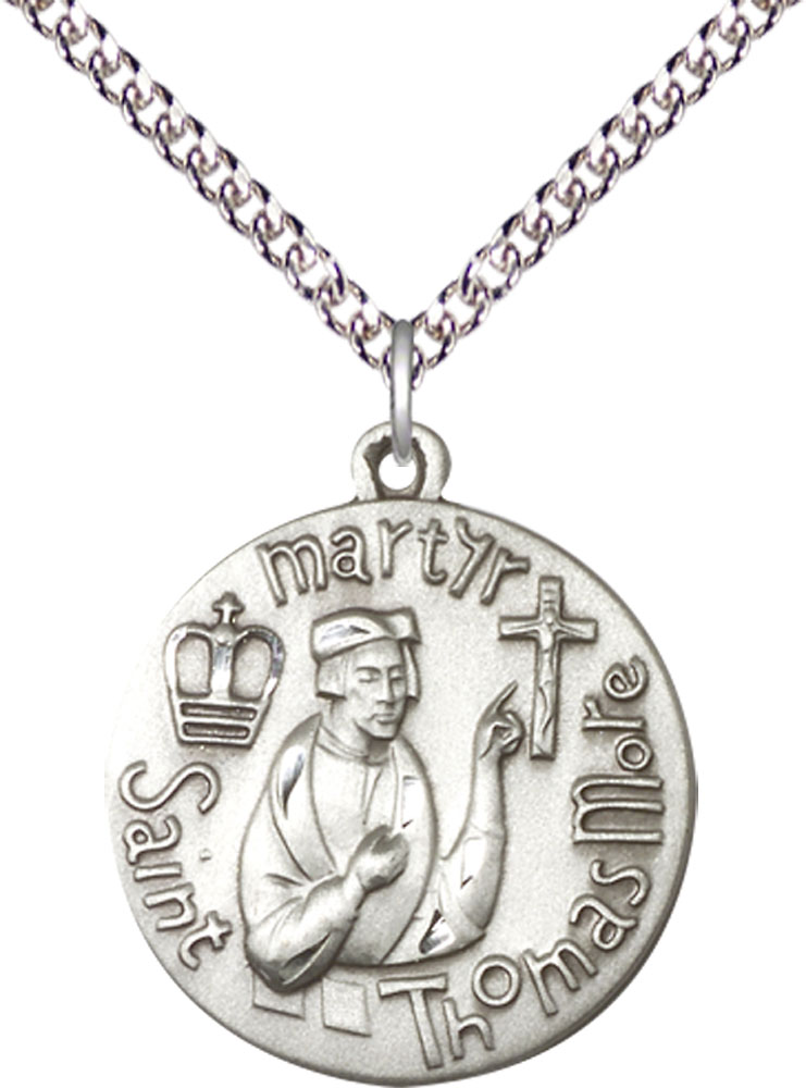 Sterling Silver Saint Thomas More Pendant on a 24 inch Sterling Silver Heavy Curb chain