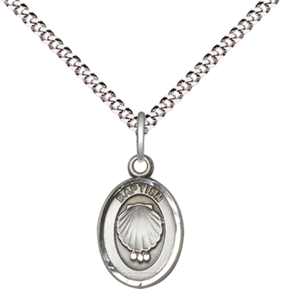Sterling Silver Baptism Pendant on a 18 inch Light Rhodium Light Curb chain