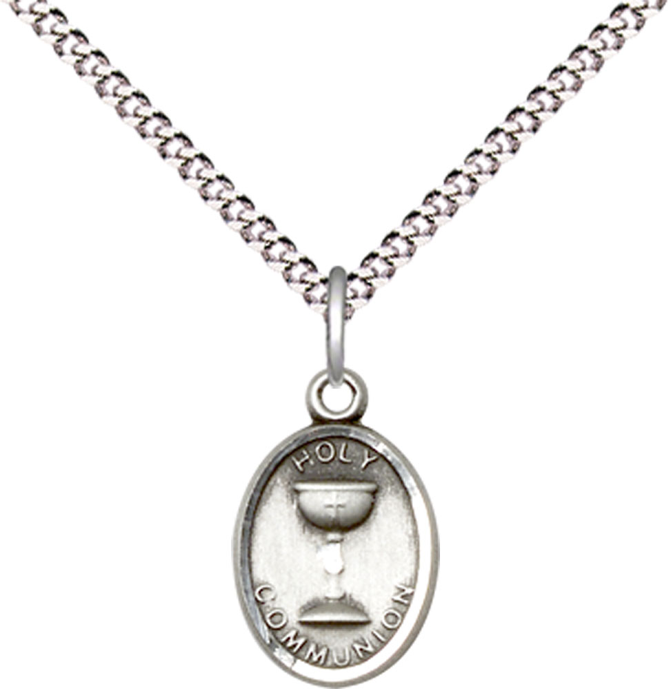 Sterling Silver Holy Communion Pendant on a 18 inch Light Rhodium Light Curb chain