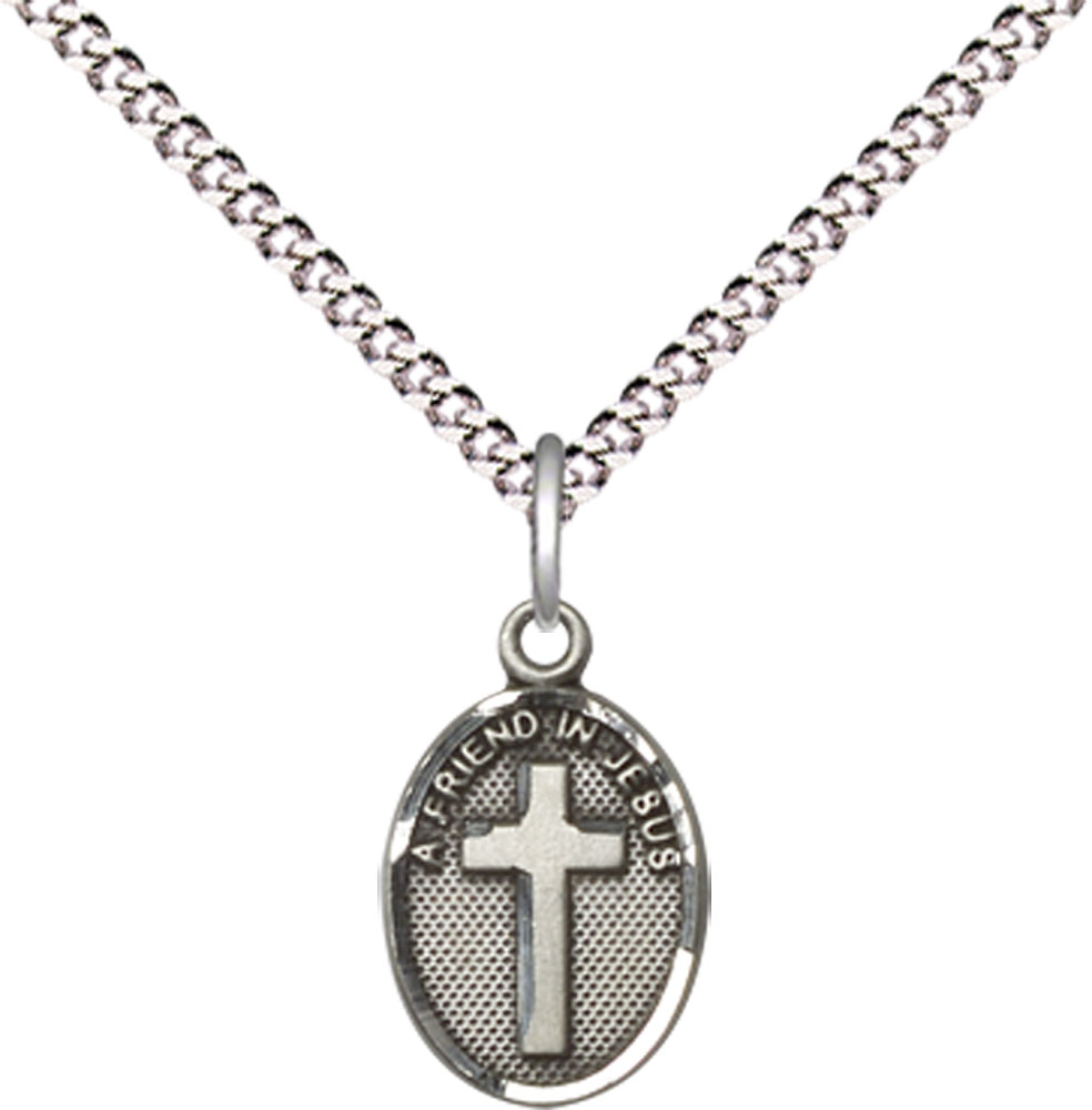 Sterling Silver Friend In Jesus Cross Pendant on a 18 inch Light Rhodium Light Curb chain