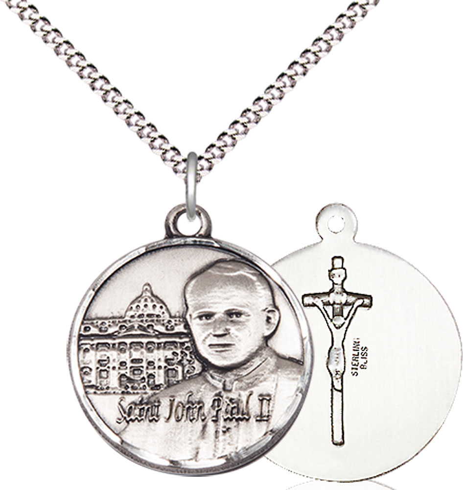 Sterling Silver Saint John Paul II Vatican Pendant on a 18 inch Light Rhodium Light Curb chain