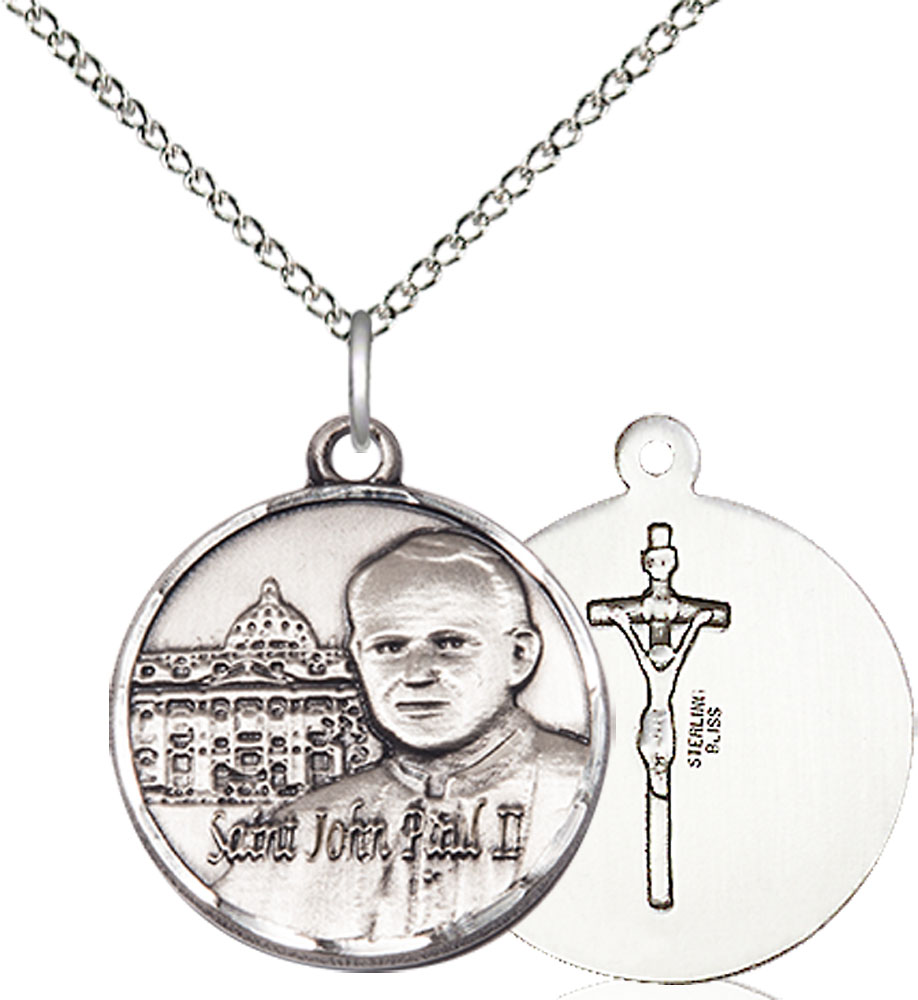 Sterling Silver Saint John Paul II Vatican Pendant on a 18 inch Sterling Silver Light Curb chain