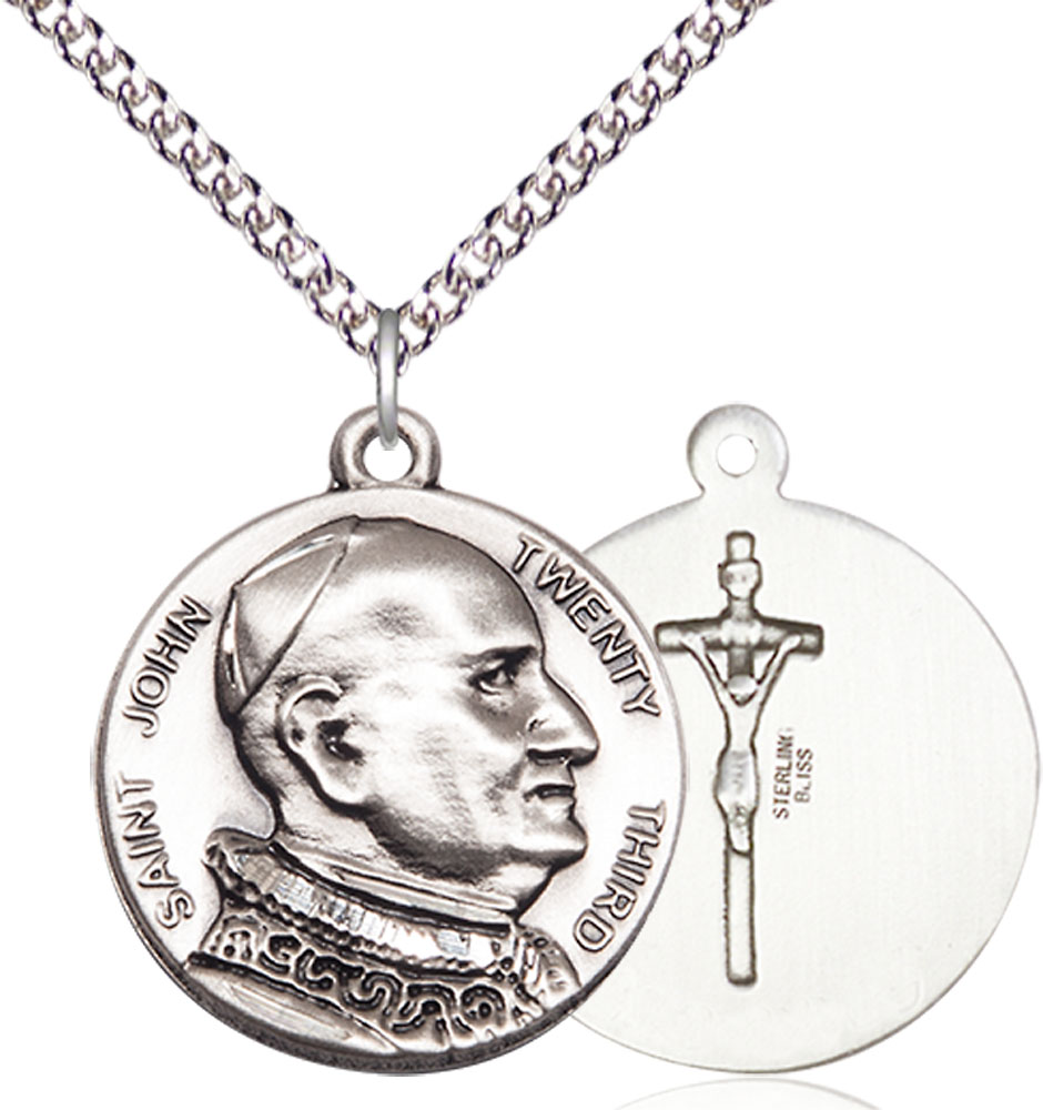 Sterling Silver Saint John XXIII Pendant on a 24 inch Sterling Silver Heavy Curb chain