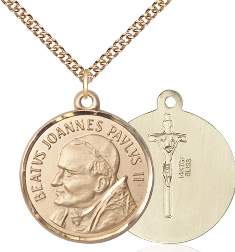 14kt Gold Filled Saint John Paul II Pendant on a 24 inch Gold Filled Heavy Curb chain