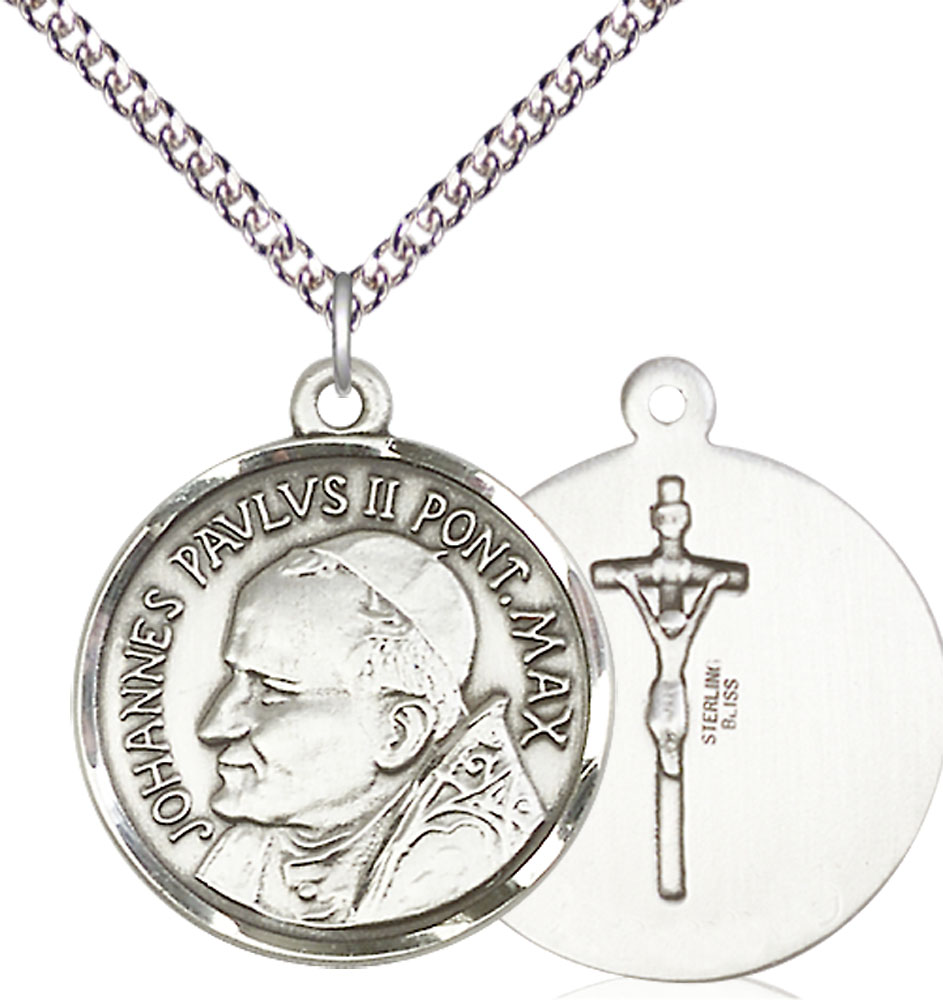 Sterling Silver Saint John Paul II Pendant on a 24 inch Sterling Silver Heavy Curb chain