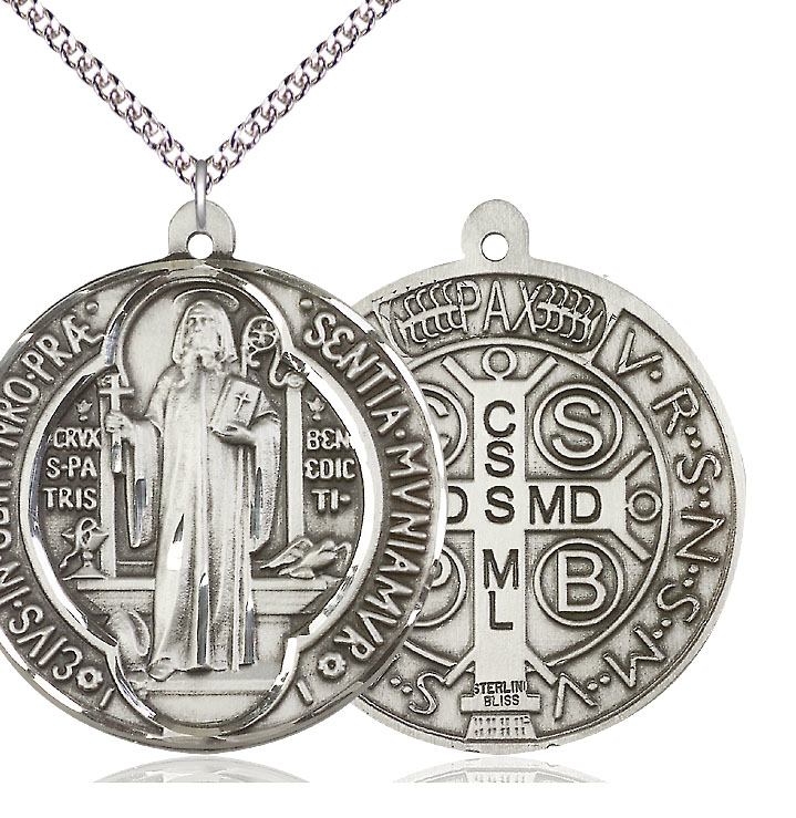 Sterling Silver Saint Benedict Pendant on a 24 inch Sterling Silver Heavy Curb chain