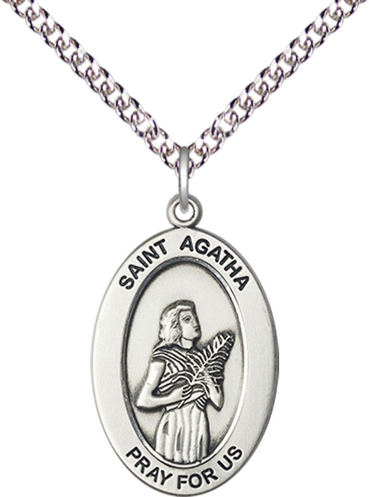 Sterling Silver Saint Agatha Pendant on a 24 inch Sterling Silver Heavy Curb chain