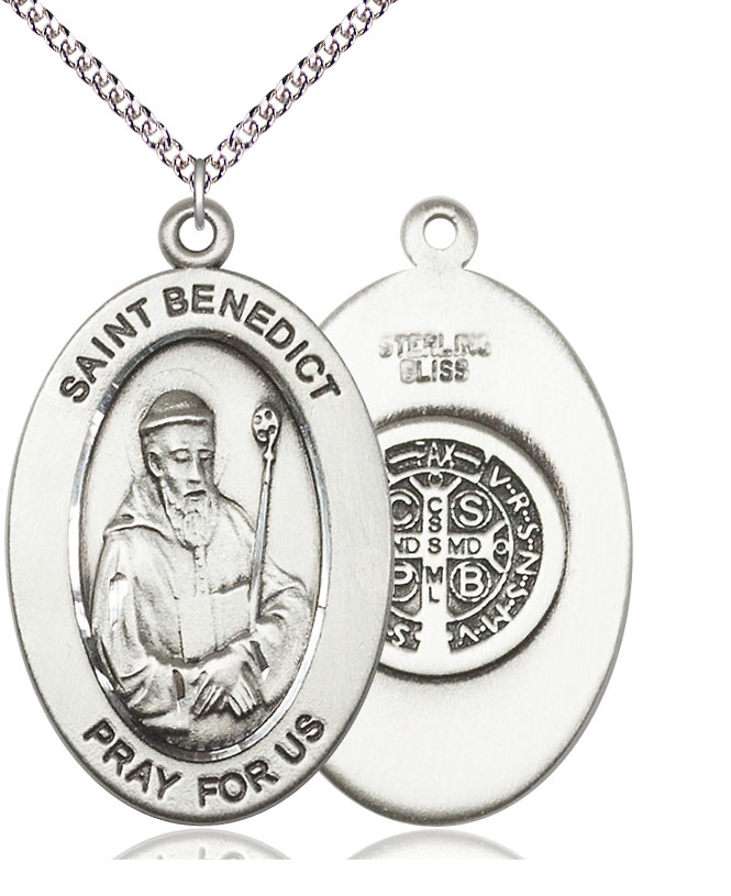 Sterling Silver Saint Benedict Pendant on a 24 inch Sterling Silver Heavy Curb chain