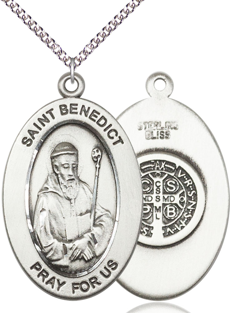 Sterling Silver Saint Benedict Pendant on a 24 inch Sterling Silver Heavy Curb chain