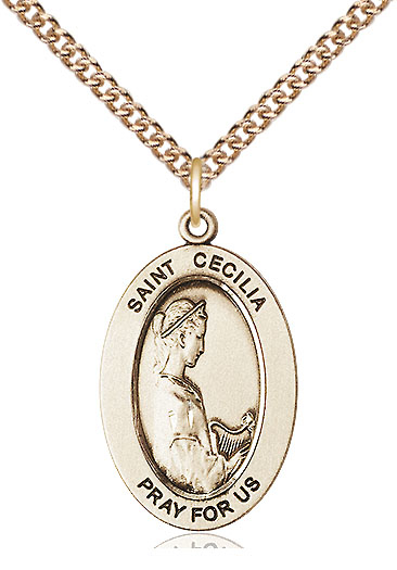 14kt Gold Filled Saint Cecilia Pendant on a 24 inch Gold Filled Heavy Curb chain