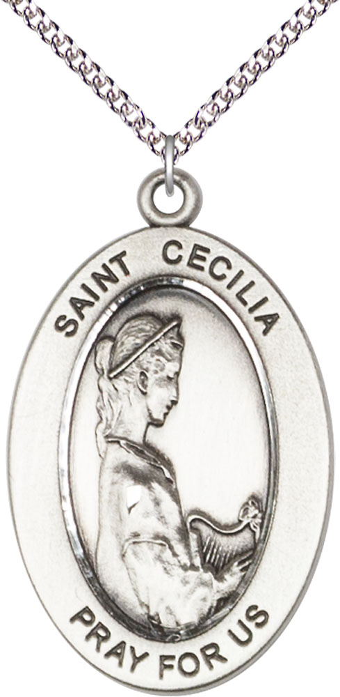Sterling Silver Saint Cecilia Pendant on a 24 inch Sterling Silver Heavy Curb chain