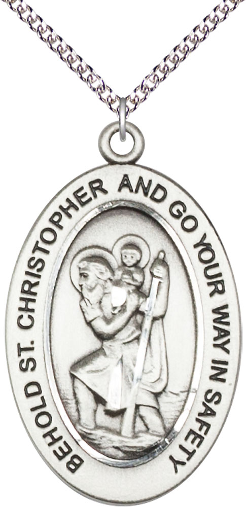 Sterling Silver Saint Christopher Pendant on a 24 inch Sterling Silver Heavy Curb chain